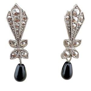 Avon Art Deco Style Silver Tone‎ Dangle Earrings Black Teardrop Bead